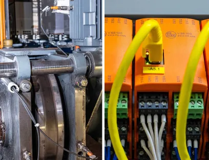 Boehringer Ingelheim setzt hochsensible Beschleunigungssensoren (li.) im Lager ein. Diese erkennen rechtzeitig Schäden und Verschleiß an kritischen Bauteilen wie Laufrad und Antrieb, indem sie permanent deren Vibrationen überwachen. In der Auswerteeinheit (re.) werden Schwingungsdaten vorverarbeitet und an die Diagnose-Software zur Analyse weitergeleitet, Bild: Ifm Boehringer Ingelheim setzt hochsensible Beschleunigungssensoren im Lager ein. Diese erkennen rechtzeitig Schäden und Verschleiß an kritischen Bauteilen wie Laufrad und Antrieb, indem sie permanent deren Vibrationen überwachen.